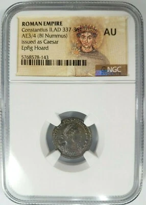 Констанций II Римская империя BI Nummus AE3/4 NGC AU Древний Epfig Клад Родословная - Изображение 1 из 4