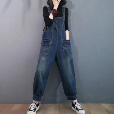 Damen Jeans Denim Latzhose Overall Taschen Locker Gerade Hose Arbeitskleidung - Bild 1 von 4