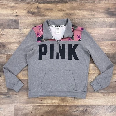 Victoria Secret Sweatshirt Womens Medium PINK Hawaiian 1/4 Zip Floral Pullover Foto 1 de 4