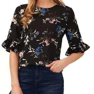 Cece Floral Elbow Sleeve Ruffle Top Glimmering Light Black XL NWT - Picture 1 of 10