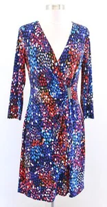 Calvin Klein Blue Colorful Dot Print Ruched Faux Wrap Jersey Dress Size 6 V Neck - Picture 1 of 7
