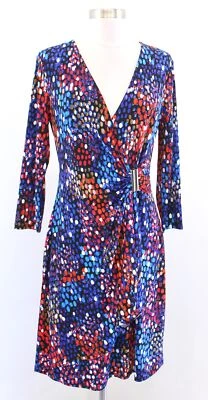 Vestido de jersey Calvin Klein azul colorido estampa de ponto franzido envoltório falso tamanho 6 gola V - Imagem 1 de 4