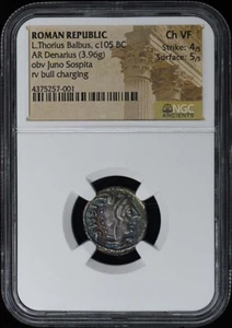 L.Thorius Balbus, c105 BC ROMAN REPUBLIC AR Denarius NGC VF30 - Picture 1 of 2