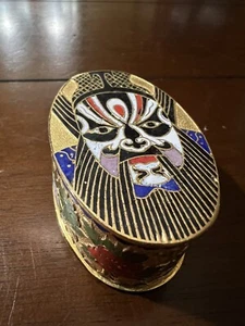 Rare 1960s Chinese Cloisonné Enamel Beijing Opera Mask Oval Floral Trinket Box - Picture 1 of 8
