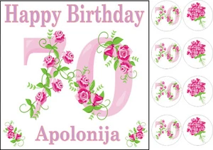 70th Birthday roses edible 7.5 inch Square Iced Cake Topper + 8 cupcake toppers - Picture 1 of 1