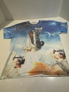 Camicia manica corta blu astronauta montagna gatto esplosione spaziale taglia grande - Foto 1 di 7