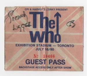 The Who 1980 Tour Guest Backstage Pass Vintage Ticket Toronto Exhibition Stadium - Picture 1 of 2