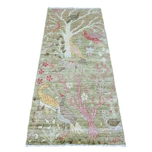 2'7"x6' Green Afghan Peshawar Birds Design Wool Hand Knotted Runner Rug G20271 - Picture 1 of 6
