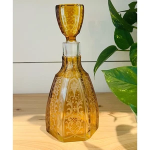 Vintage MCM Czech Bohemian Dark Honey Amber Gold Etched Crystal Decanter Rare - Bild 1 von 19