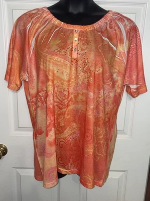 Jane Ashley Sz PLUS 3X Orange Lightweight Mixed Print S/S Pullover Top EUC - Image 1 of 4