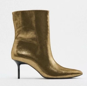 ZARA METALLIC Size 6 Thin Heel Ankle Boots Gold Size 36 3143/010 - Picture 1 of 12