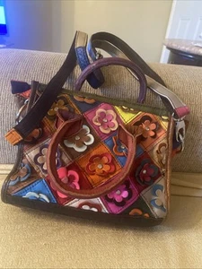 Women's Genuine Leather Flower Colorful Handbag Shoulder Crossbody Tote Bag EUC - Picture 1 of 5
