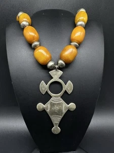 Antique Ethiopian Coptic Cross Pendant Necklace w/ Amber Beads 16” 92Grams - Picture 1 of 11