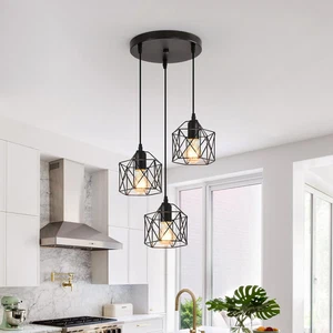 3 Luci Lampadario a Sospensione Industriale E27 Nero Geometrico a Semi-Incasso A - Foto 1 di 12