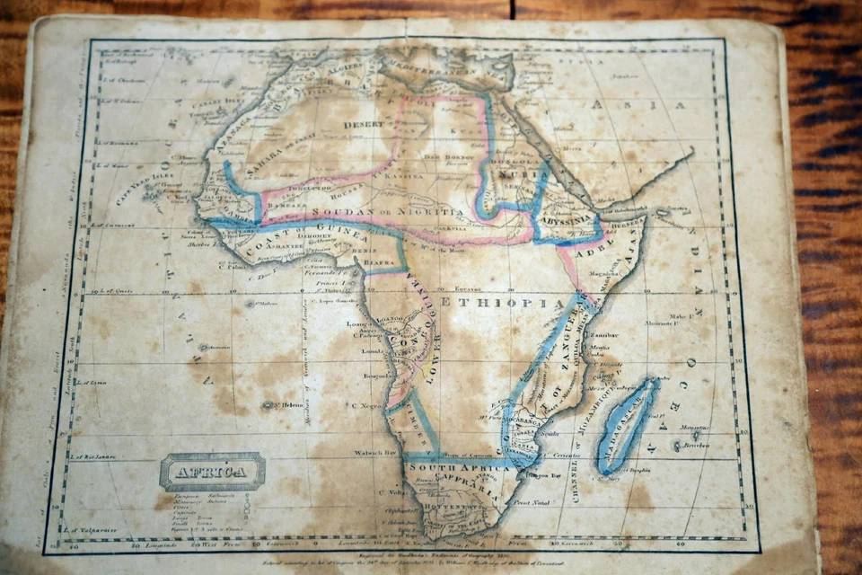 MAPA ANTIGUO ATLAS DE ÁFRICA 1820 WOODBRIDGE - HERMOSA PARA COLOREAR A MANO Foto 1 de 1