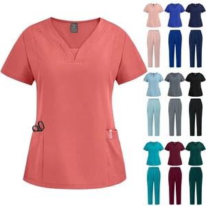Ladies Medical Scrub Doctor Uniform Tops+Pants Nurse Dentist Hospital Work Wear - Picture 1 of 20