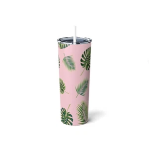 Monstera and Palm Leaf on Pink Skinny Steel Tumbler with Straw, 20oz - Picture 1 of 9