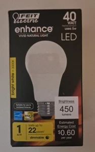 LED Dimmable Bright White Light Bulb 40W A19 3K Feit Electric - Picture 1 of 6