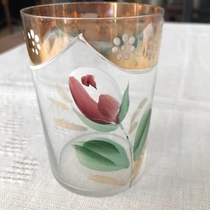 vintage/antique clear GLASS TUMBLER w/ HAND PAINTED FLORAL DESIGN - Picture 1 of 4