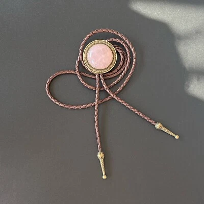 Round Natural Pink Crystal Stone Bronze Base Bolo Tie Western Wedding Necklace - Image 1 of 4