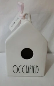 Rae Dunn OCCUPIED Glossy White Square Ceramic Birdhouse by Magenta pink ribbon - Picture 1 of 3