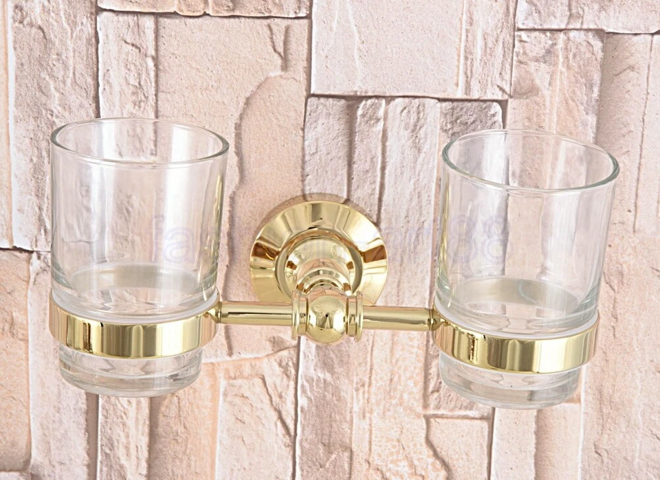 Gold Color Brass Bathroom Wall Mount Toothbrush Holder Double Glass Cup fba318 - Image 1 of 4