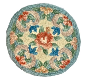 Vintage Hand Hooked Blue Floral Round Chair Pad Wall Hanging Art 14" - Picture 1 of 4