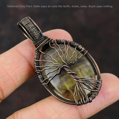 圣诞促销天然多氟石丝包装生命之树吊坠铜 — 第 1/4 张图片