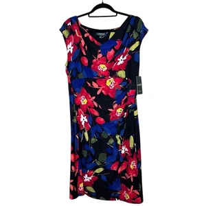 Lauren Ralph Lauren NEU Blumen Wasserfallausschnitt Jersey knielanges Kleid schwarz rot 16 - Bild 1 von 7