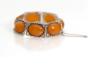 Vintage 835 Silver Bracelet Caramel Butterscotch Amber Cabochons 7 Pieces - Picture 1 of 6