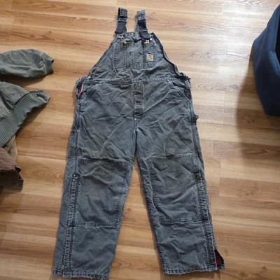 Distressed Carhartt Overalls Mens 40x30 Insulated Quilt Lined Double Knee Bibs   - Image 1 of 4
