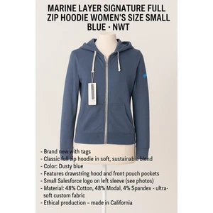Marine Layer Signature Hoodie mit durchgehendem Reißverschluss Damengröße Small blau neu mit Etikett - Bild 1 von 7