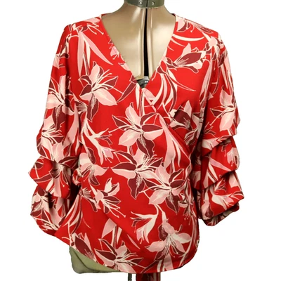 Blusa Bar III Floral True Wrap Triple Nivel Globo Manga 3/4 Rojo Rosa XL Foto 1 de 4