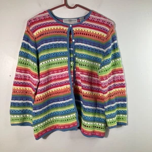 Damen 70er Jahre Marisa Christina gehäkelte Streifen Knopf Strickjacke 3/4 Arm XL Multi - Bild 1 von 7
