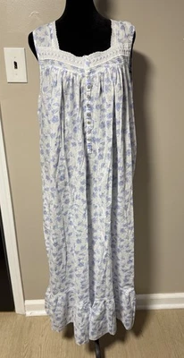Eileen West Nightgown Womens Large White Blue Floral Maxi Cottagecore Retro Lace - Image 1 of 4
