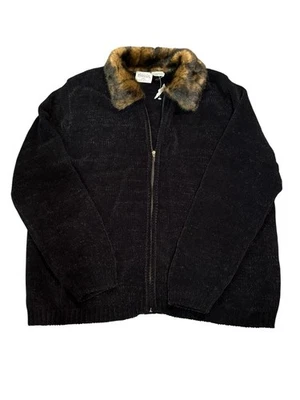 Basic Edition Ladies 2X Black W/Faux Fur Collar Zip Long Sleeve Sweater Cardigan - Image 1 of 4