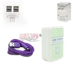 4 USB PORT AC WALL ADAPTER+10FT CABLE DATA CHARGER PURPLE GALAXY S4 S3 S2 NOTE 2 - Photo 1/1