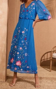 LOVE & ROSES V&A Collab Bright Blue Floral Embroidered Midi Dress Size UK 10 New - Picture 1 of 11