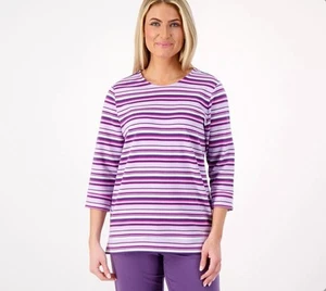 Denim & Co Active Striped French Terry 3/4 Sleeve Top XS Purple A596383 - Picture 1 of 3