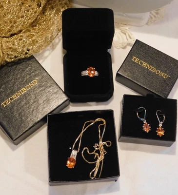 Technibond 18K 纯银橙色黄水晶套装项链、戒指、耳环 — 第 1/4 张图片