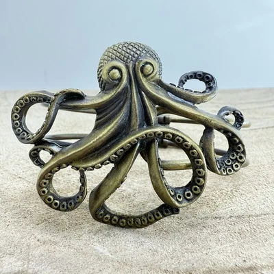 Vintage Style Octopus Cuff Bracelet Brass Tone Steampunk Nautical Hinged Bangle - Image 1 of 4