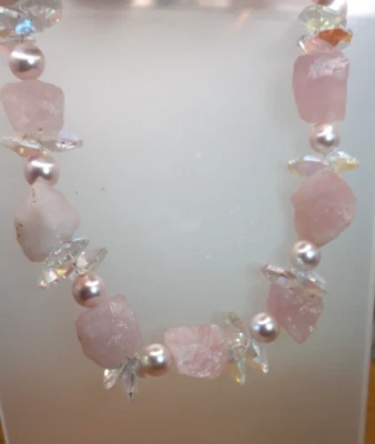De colección. Collar de plata de ley de cuarzo rosa crudo, perlas cultivadas y cristal AB 18" Foto 1 de 4