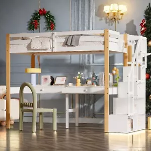 Hochbett 90x200 Kinder Stockbett Etagenbett Holz mit Schreibtisch Stauraumtreppe - Bild 1 von 12