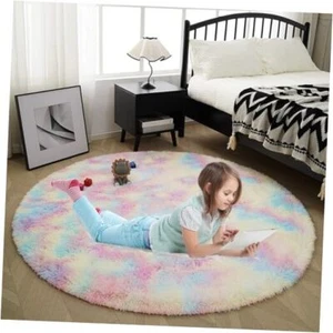 Fluffy Round Rug,Soft Area Rugs for Girls Room,Shaggy Rugs 3x3 feet Rainbow - Picture 1 of 7