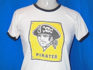 vintage 70s PITTSBURGH PIRATES BLUE BAR CHAMPION BLACK RINGER t-shirt YOUTH LRG - Picture 1 of 4