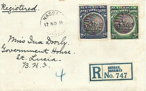 BAHAMAS con RARO Scott #88 y #89 en 1931 REGISTRADO Cubierta a Santa Lucía, ICM vía EE. UU. - Imagen 1 de 3