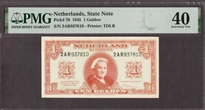 Netherlands One Gulden 1945 Prefix- 2AR Pick-70 Extremely Fine PMG 40 - Picture 1 of 2