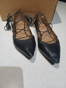 Aldo Shoes Alize Lace Up Ankle Pointed Flats Black Gold Heel Womens 8.5 Fairy - Picture 1 of 15