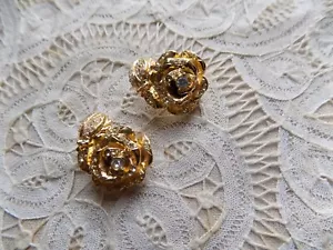 KENNETH JAY LANE GOLD TONE ROSE FLOWER CLIP on EARRINGS with RHINESTONES - Picture 1 of 6