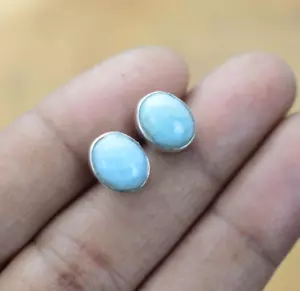 Blue Larimar 925 Solid Sterling Silver Handmade Stud Earring - Picture 1 of 4